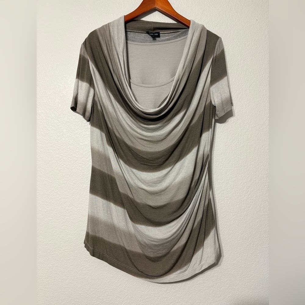 Ronen Chen Soft Viscose Taupe and Cream Cowl Neck Top. Short Sleeve. Women’s 12